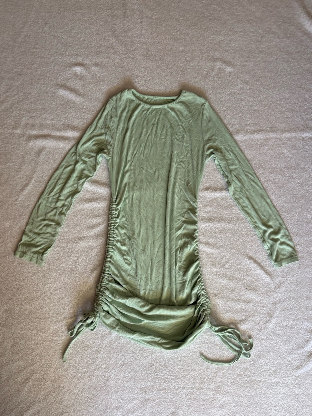 Light Sage Green Ruched Side Tie Long Sleeve Mini/Midi Dress